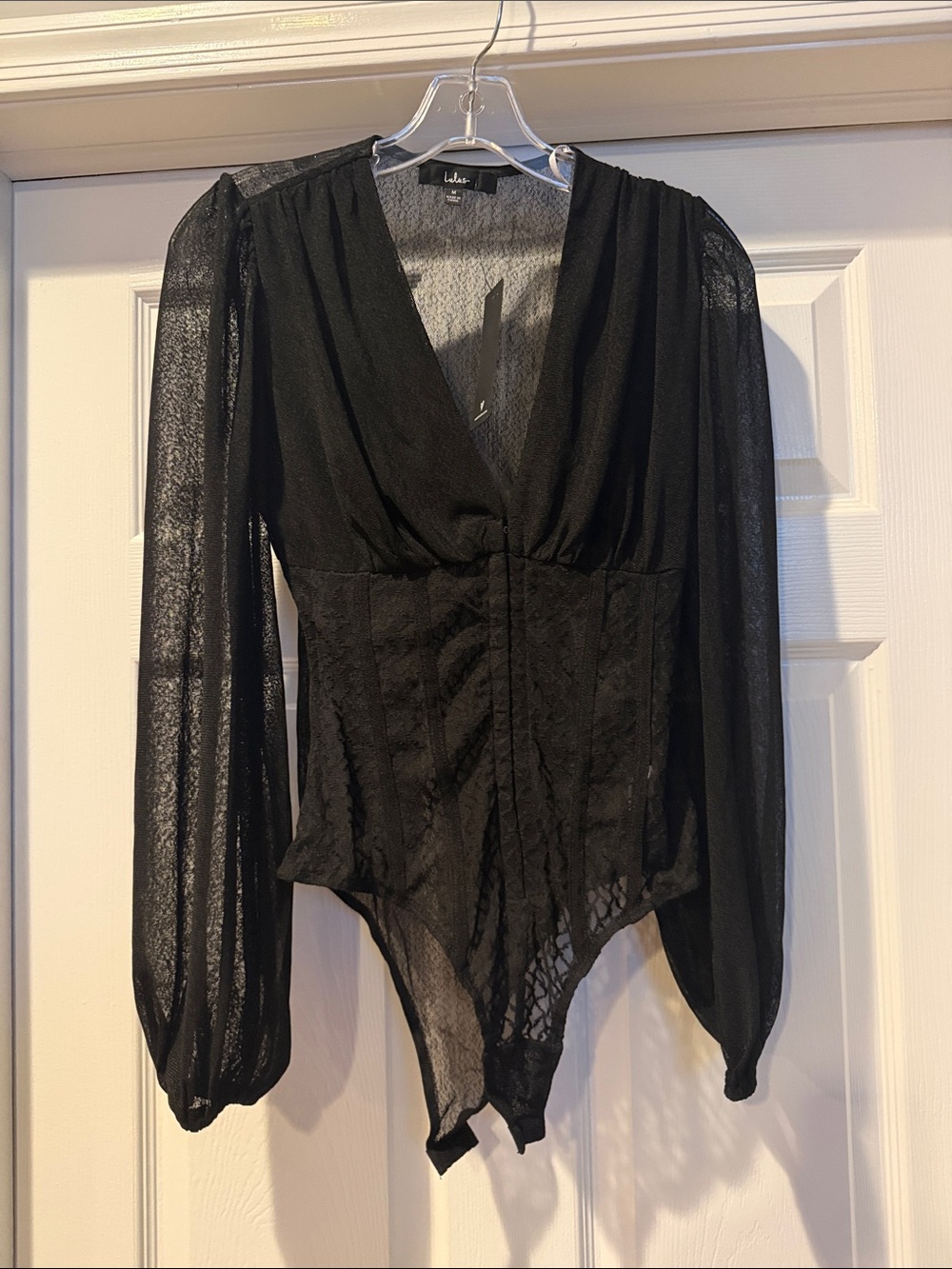 NWT Lulu's Black Sheer Long-Sleeve V-Neck Bodysuit